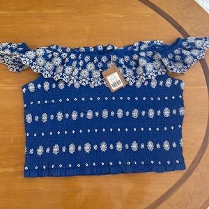 NWT Boden Off Shoulder Broderie Top in color Island Sapphire size 16-18